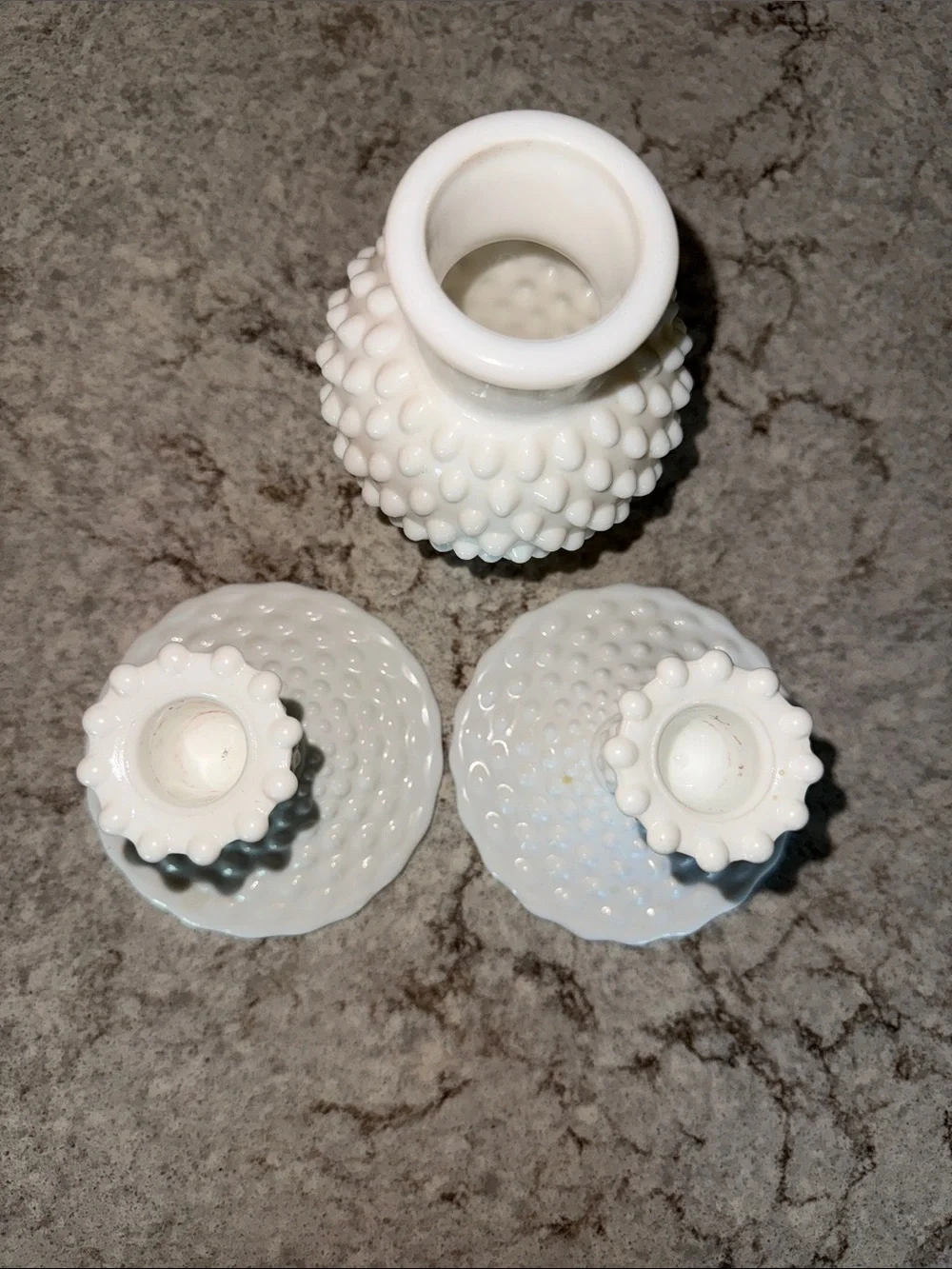 Vintage Hobnail Milk Glass Candle Stick Holders and bud vase White Read Descript